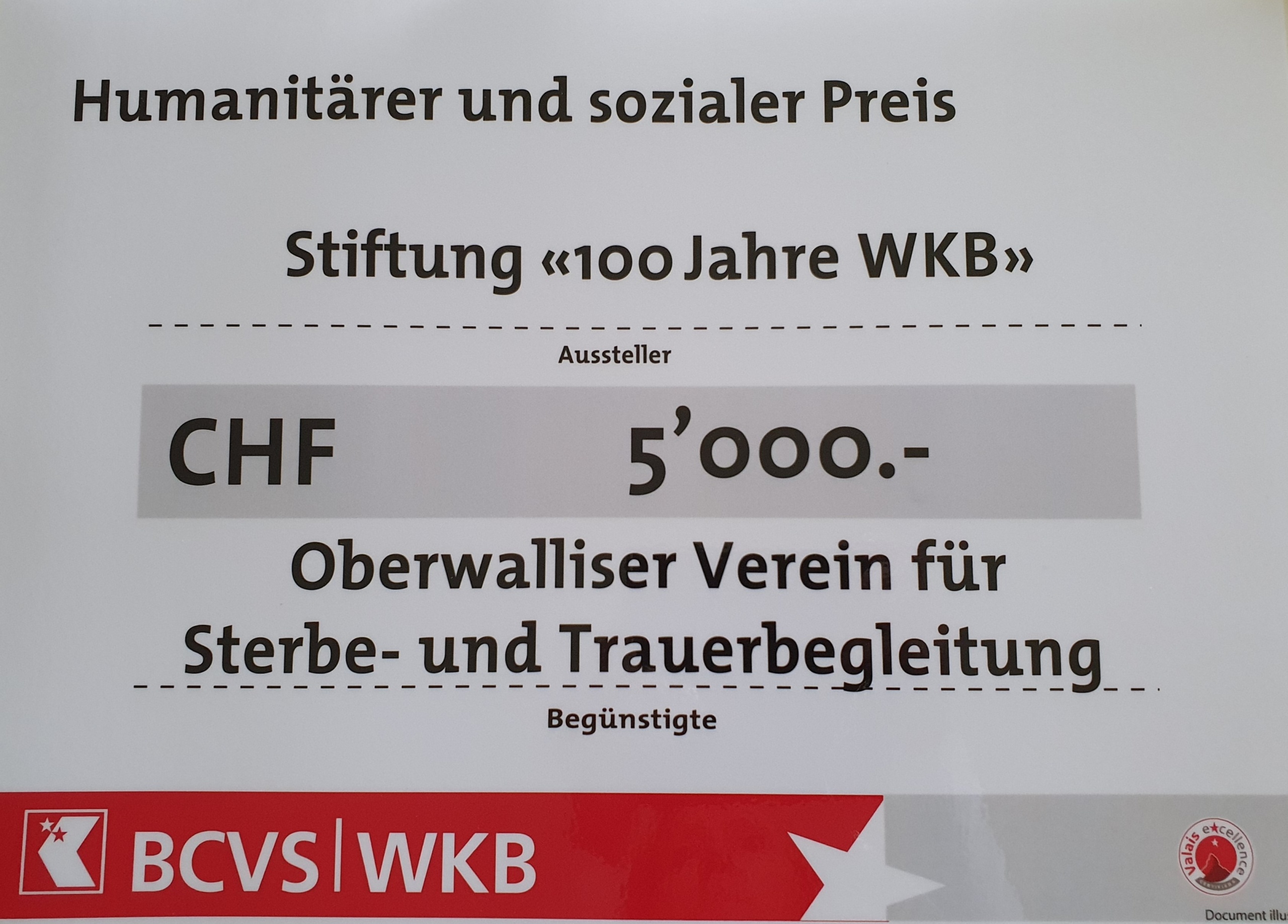 2020 hat die WKB die Arbeit des Oberwalliser Vereins für Sterbe- und Trauerbegleitung mit dem "Humanitär und sozial Preis" ausgezeichnet.